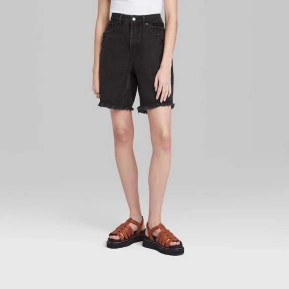 Wild Fable Women’s High-Rise Bermuda Black Wash Distressed Raw Hem Shorts - Picture 2 of 16